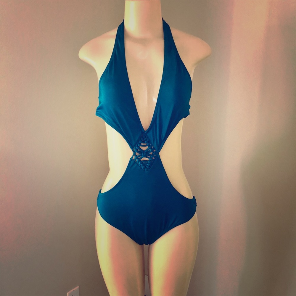 BCBGMaxAzria Deep Blue Cutout One Piece Swimsuit
